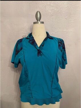 Teal Short-Sleeve Polo Top with Floral Accents